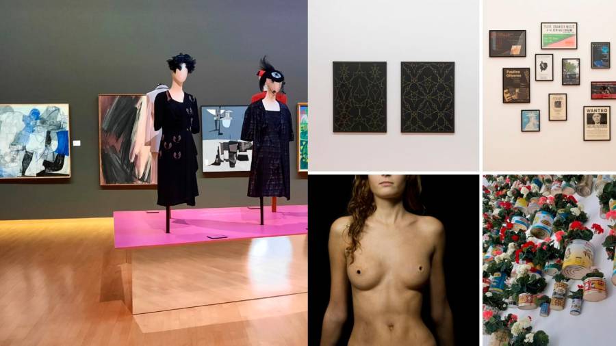 CULTURA. Na esquerda, imaxe de ‘Vestir épocas’ (Museo de Bellas Artes da Coruña). Na dereita, pezas no CGAC. Foto: G.