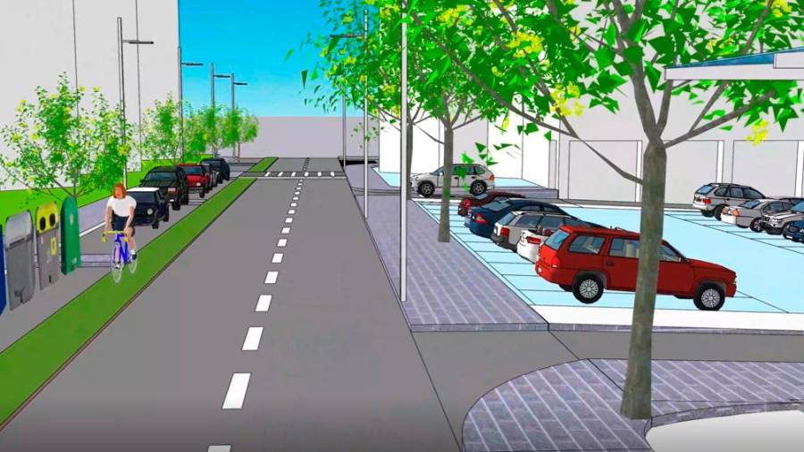 Nueva zona de aparcamiento que se creará en la rúa, que también tendrá un carril bici en todo su trazado. Foto: Concello