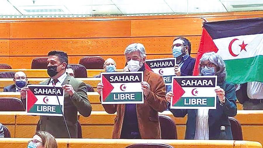 Senadores del grupo de la Izquierda Confederal muestran carteles sobre el Sáhara. Foto: E.P.