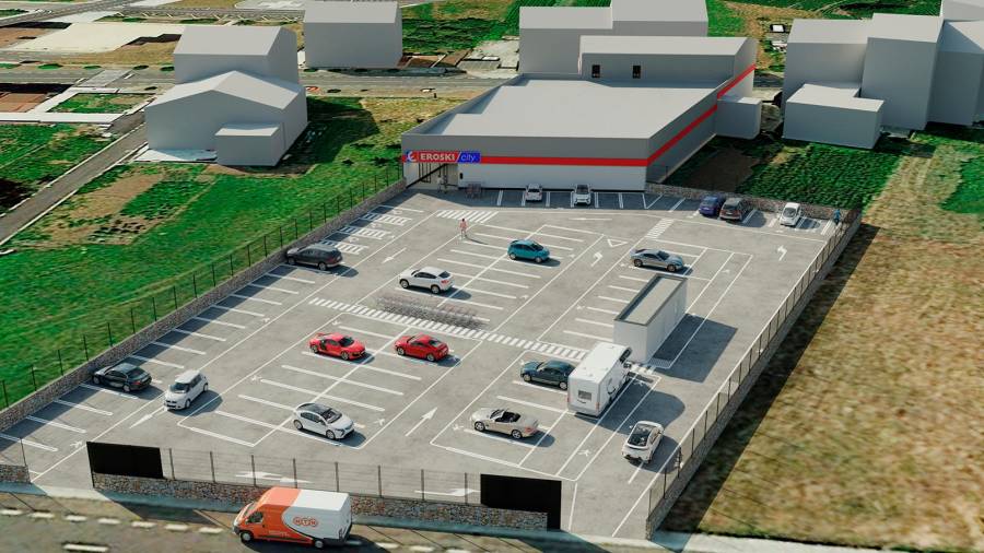 Recreación virtual da área de aparcamento do novo supermercado. Foto: Vegalsa-Eroski