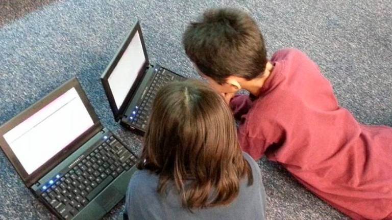 Dous cativos utilizando os seus ordenadores.
