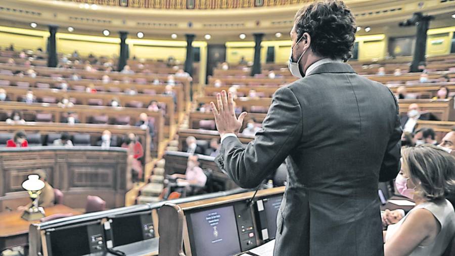 Turno de intervención del líder popular, Pablo Casado, el pasado miércoles en el Congreso, en la sesión de control al Gobierno. Foto: Europa Press
