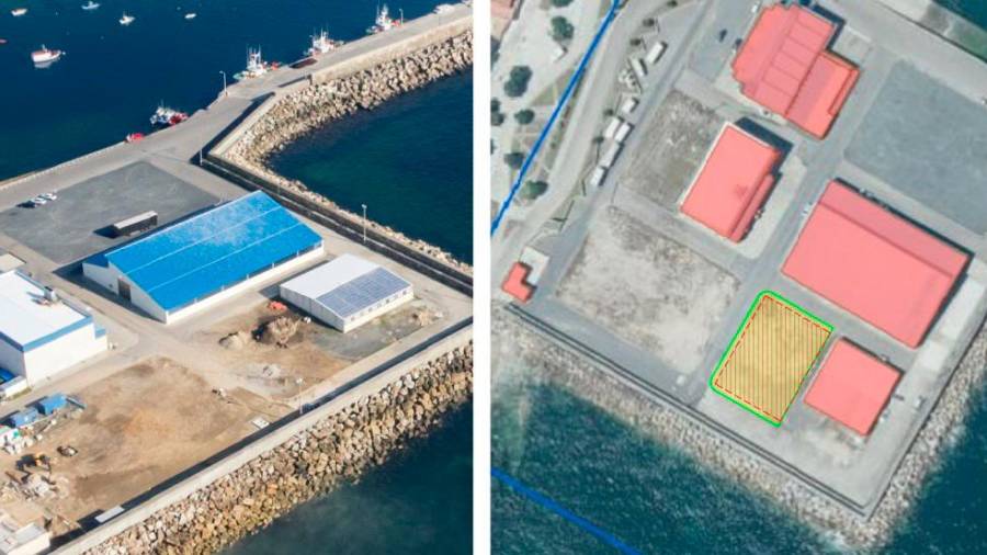 Imagen aérea y localización del terreno en el que se construirá el Centro de Deportes Náuticos en el puerto de Aguiño. Foto: Xunta