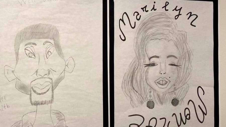 MITOS. Debuxo de Miguel Raposo sobre Will Smith e de Sara Paz sobre Marilyn Monroe. Fotos: Concello de Boiro