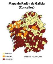 Mapa del gas radón en los concellos gallegos según los becquerelios por metro cúbico Foto: USC