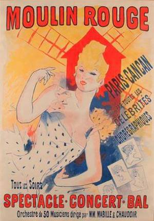 1890. Jules Chéret, apodado <i>el padre del póster moderno</i>, fue uno de los primeros maestros del nuevo proceso de impresión litográfica de cuatro colores. Este es su póster para el Moulin Rouge de París. (Fuente, www.xerox.com)