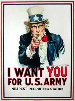 1917. El autor de uno de los carteles más conocidos de la historia fue J.M. Flagg quien utilizó su propio rostro como modelo para el <i>Tío Sam</i>. Este póster se utilizó para reclutar soldados para la Primera y Segunda Guerra Mundial. (Fuente, www.xerox.com)