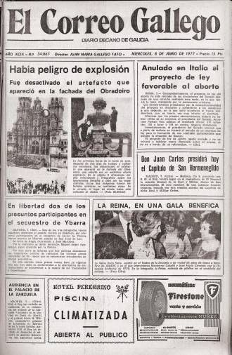 Portada de EL CORREO GALLEGO del 8 de junio de 1977 en la que se destaca el peligro que supuso el artefacto