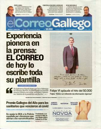 Primera página del número 50.000 de EL CORREO GALLEGO, publicada el martes 16 de junio de 2020. Foto: ECG