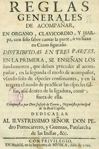 Tratado de Joseph de Torres, sobre el bajo acompañamiento. Ed. 1702. Foto: A. P.