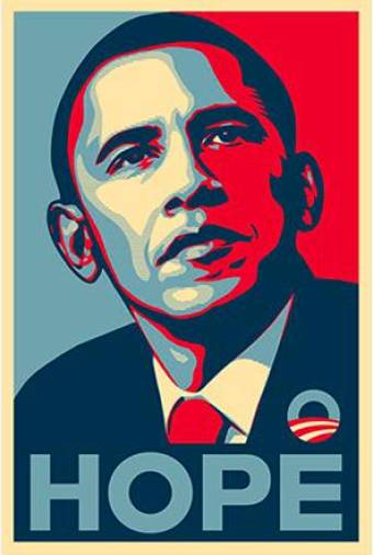 2008. Shepard Fairey diseñó el póster en un día y él mismo lo vendió en la calle sin saber que representaría la primera campaña del presidente Obama. Al pie de la imagen se añadieron lemas como Esperanza, Cambio o Progreso. (Fuente, www.xerox.com)