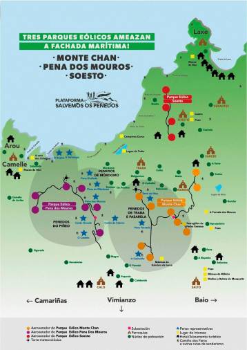 Mapa deseñado por Contramínate sobre os tres parques eólicos proxectados. Foto: Contramínate