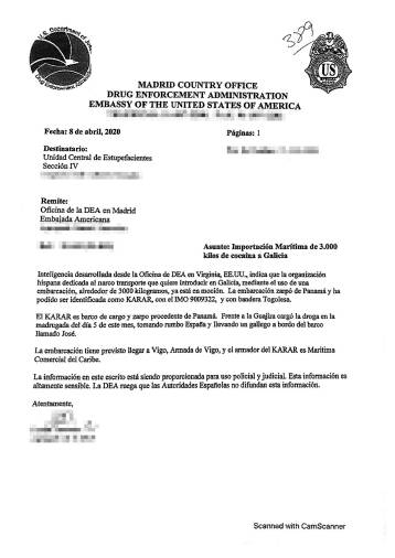 DOCUMENTO. El fax enviado por el agregado de la Drug Enforcement Administration (DEA) desde la embajada de España en Madrid a la Unidad Central de Estupefacientes de la Policía Nacional. Era el 8 de abril