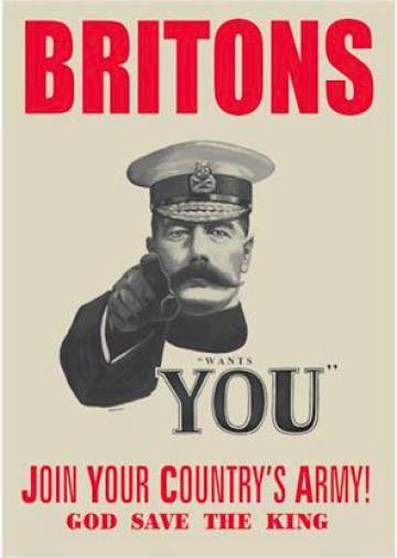 1914. Este póster británico, en el que se basó el equivalente estadounidense, muestra a Lord Kitchener, el Secretario de Estado británico para la Guerra, llamando a los jóvenes a tomar las armas. (Fuente, www.xerox.com)