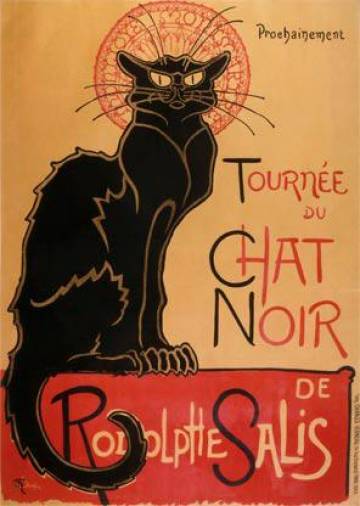 1881. Se dice que Le Chat Noir fue el primer cabaret moderno. Este póster es una obra del impresor de Art Nouveau, Théophile Steinlen, para promover un próximo tour del cabaret. (Fuente, www.xerox.com)