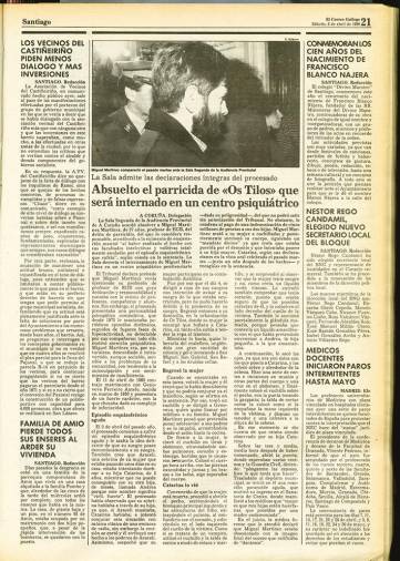 Condena o absolución. El sábado 8 de abril de 1989 El CORREO GALLEGO publica el resultado de la sentencia en torno al crimen que llevó a cabo contra su mujer Genoveva, el parricida de Los Tilos Foto: ECG