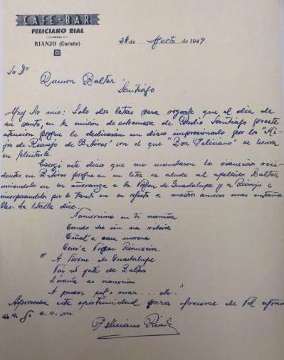 LA CARTA. Carta que Feliciano Rial le envió el 28 de agosto de 1949 a Ramón Baltar para anunciarle que sonaría la Rianxeira en su honor en Radio Santiago. Foto: Suso Souto