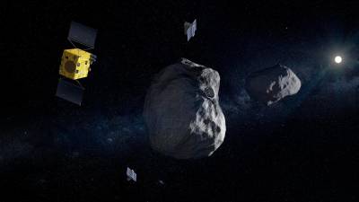 Ilustración de los dos satelites operando junto a HERA en la proximidad del asteroide binario Didymos. Foto: ESA 