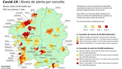 19/10/2020 Mapa de la incidencia del coronavirus en los municipios gallegos en los últimos siete días, actualizado a 19 de octubre de 2020. XUNTA