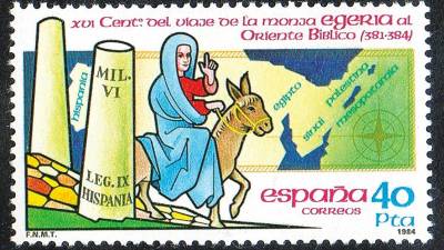 Sello que en 1984 emitió la FNMT, conmemorando el XVI Centenario del viaje de la monja Egeria al Oriente Bíblico