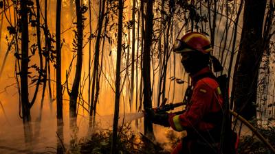 GRAF9934. TOÉN (OURENSE), 08/08/2020.- Un miembro de la Unidad Militar de Emergencias realizan labores de extinción en el incendio forestal que permanece activo en el municipio orensano de Toén. EFE/Brais Lorenzo