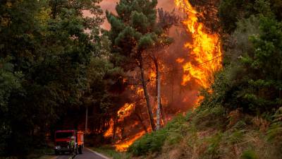 GRAF9825. TOÉN (OURENSE), 07/08/2020.- Bomberos realizan labores de extinción en el incendio forestal que permanece activo en el municipio orensano de Toén. EFE/Brais Lorenzo