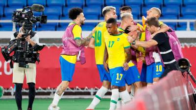Los jugadores brasileños celebran el 4-2 durante el encuentro frente a Alemania. Foto: EFE/Lavandeira Jr