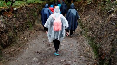Un grupo de peregrinos recorre bajo la lluvia el Camino de Santiago, en la localidad lucense de Palas de Rei. Foto: Eliseo Trigo/ Efe