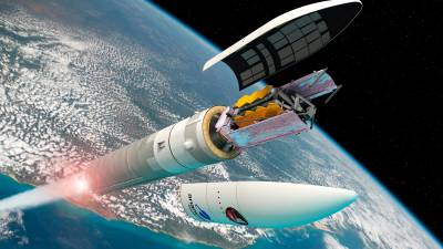 Reproducción artística de cómo será el lanzamiento del ‘James Webb’ a través del cohete Ariane 5. Foto: ESA 