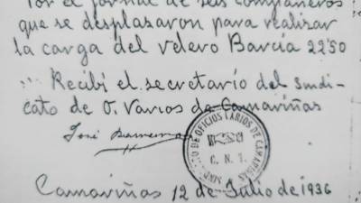 Extracto de un recibo sindical, firmado a 12 de julio de 1936. Foto: Rafael Lema