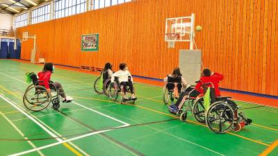 Chavales de Primaria juegan un partido de baloncesto y se desplazan en silla de ruedas. Foto: ANPA O Campo
