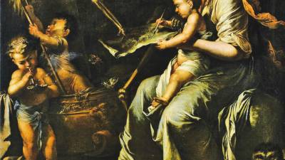 Un bebé recién nacido pacta un acuerdo con la muerte en esta pintura denominada ‘Fragilidad humana’, de Salvator Rosa.