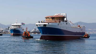 En primer término imagen del barco de Nueva Pescanova ‘Novanam Two’ el día de su botadura, en julio de 2020. Foto: N. P.