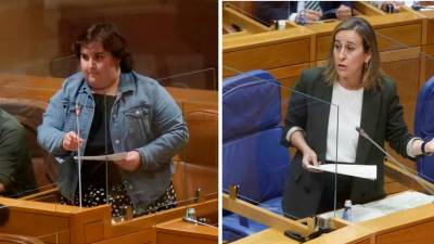 A deputada do BNG, Iria Carreira, a esquerda, e a conselleira Ethel Vázquez nas súas intervencións no Parlamento galego. Foto: BNG-Xunta