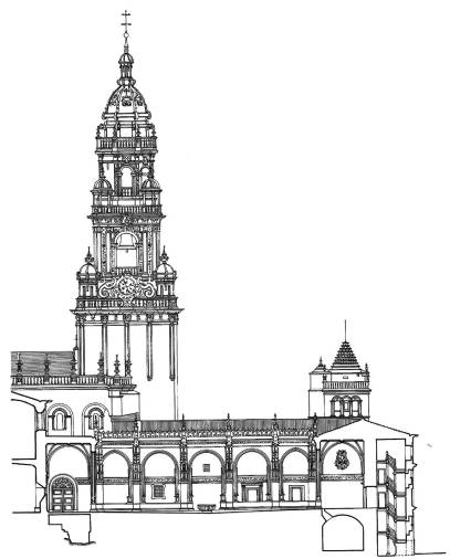 Dibujo hecho a mano por Pablo Costa Buján de la panda este del claustro con la Torre del Reloj o Berenguela al fondo
