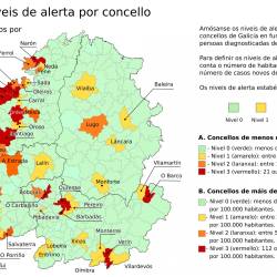 Mapa con la incidencia del coronavirus a siete días por municipios de Galicia, actualizado el 20 de octubre de 2020. - CONSELLERÍA DE SANIDADE