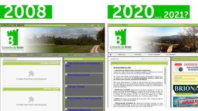 Comparativa de la página web municipal de Brión en 2008 y el actual diseño. Foto: BNG