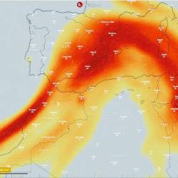 avance hacia el Mediterráneo del dióxido de azufre que emite el volcán de Cumbre Vieja. Galicia se libra de la nube tóxica. Foto: Copernicus EU. 