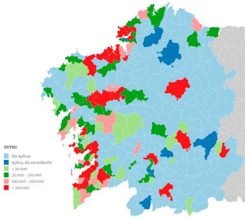 Infografía de la aplicación y recaudación del IITVNU por tramos (2019) en Galicia. Red Localis