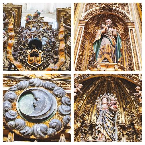 Virgen inglesa, talla mariana traída por exiliados católicos de aquellas tierras, y escenas del retablo de San Martín Pinario. Foto: A. P.