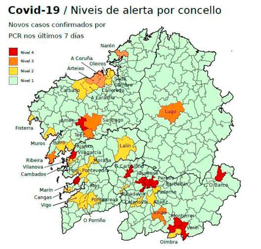 Diez concellos gallegos están en alerta roja por covid