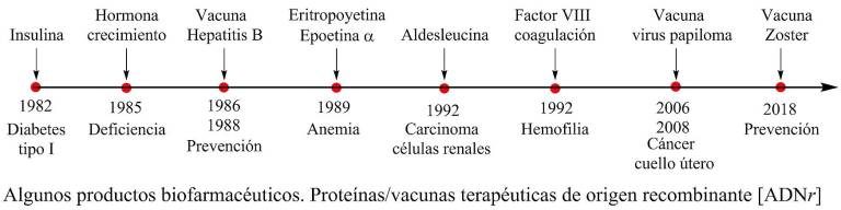 Figura 1. La insulina humana recombinante (Humulin®, Genentech-Lilly, 1982) desplazó totalmente a la insulina de matadero (cerdos, vacas). En Diciembre de 2021, se cumplió un siglo de su descubrimiento por F. Banting y L. Best (Universidad de Toronto) y en 2022, de su comercialización como insulina amorfa por la Cia. Farmacéutica norteamericana Eli Lilly. Un largo y laborioso camino. La hormona de crecimiento recombinante fue obtenida en las mismas fechas que la insulina. La hormona de crecimiento es resistente a la autolisis postmortem y se venía obteniendo de cadáveres, lo que representaba una gran limitación, restringiéndose su uso a niños con déficit absoluto de hormona. A diferencia de la insulina que, por fortuna, puede proceder de animales de matadero, la hormona de crecimiento debe ser necesariamente de origen humano. La vacuna de la hepatitis B supuso uno de los mayores avances farmacéuticos del último cuarto de siglo.