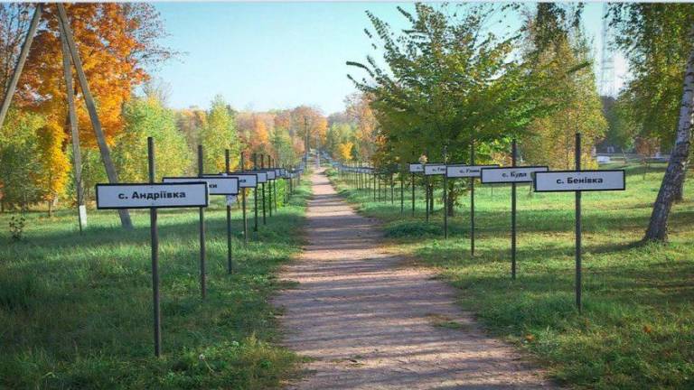 Este paseo lleno de carteles con los nombres de comunidades abandonadas conforman un memorial en la ciudad de Chernobyl. (Fuente, BBC)