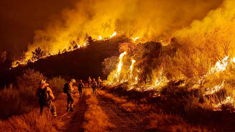 Imagen del incendio de Sobradelo (Carballeda de Valdeorras). Los bomberos, aplicando fuego técnico / Foto: Diario de un Bombero @BrifLaza