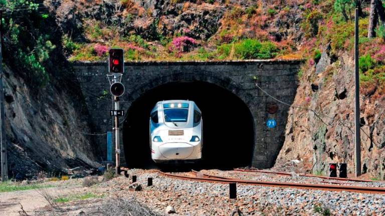 Un servicio Alvia que cubre la ruta Galicia-Madrid en la salida del túnel de Alberguería. Foto: Almara