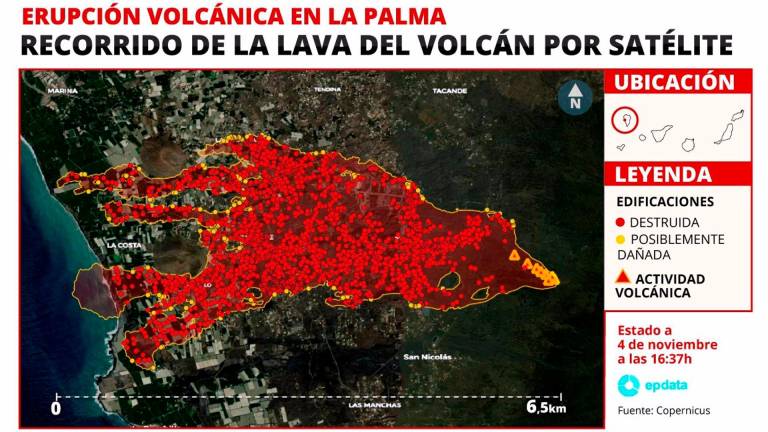 Mapa del recorrido de la lava procedente del volcán de Cumbre Vieja en La Palma. Foto: E.P.