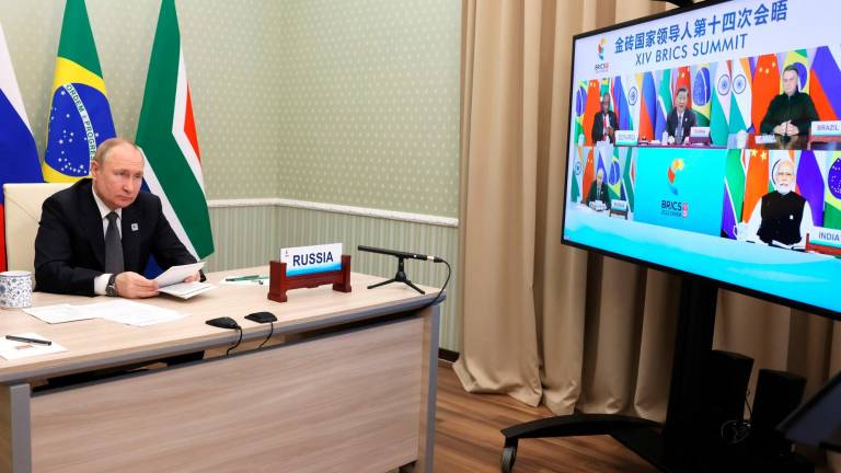 Rusia, Moscú: El presidente ruso, Vladimir Putin, participa en la 14.ª cumbre BRICS (Brasil, Rusia, India, China y Sudáfrica) por videoconferencia desde Moscú. Foto: -/Kremlin/dpa / 23/06/2022