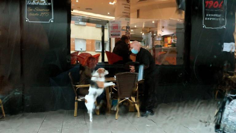 Dos compostelanos acompañados de su ansioso Jack Russell terrier en la terraza de la cafetería Lembranza. Foto: Antonio Hernández