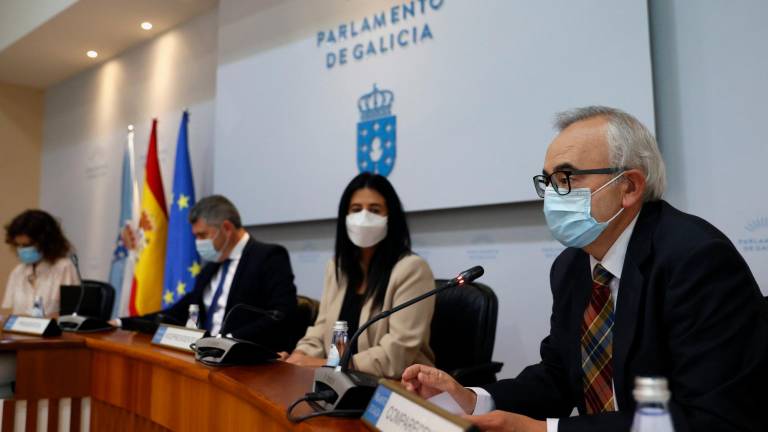 Alfonso Cabaleiro, a la derecha, ayer durante su intervención en el Parlamento de Galicia. Foto: Lavandeira jr./Efe