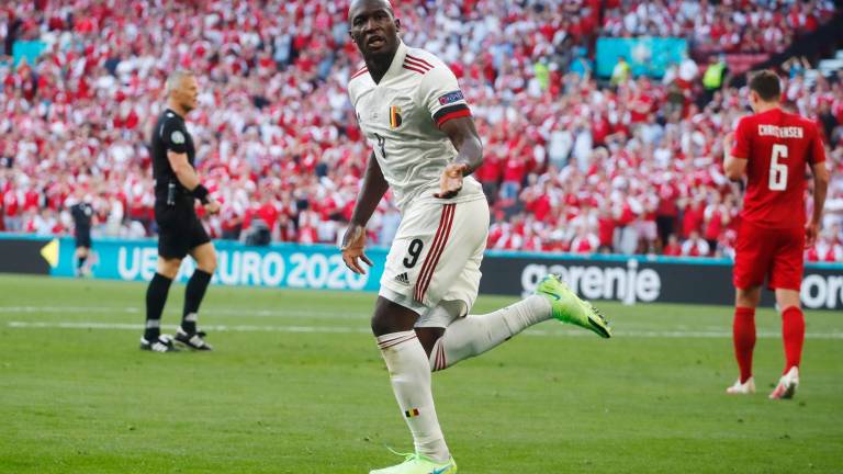 Romelu Lukaku celebra un gol de Bélgica ante Dinamarca. Foto: Wolfgang Rattay